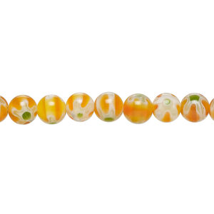 Bead, millefiori glass 1pkg1, translucent orange / white / green, 6mm round, 15 inches.