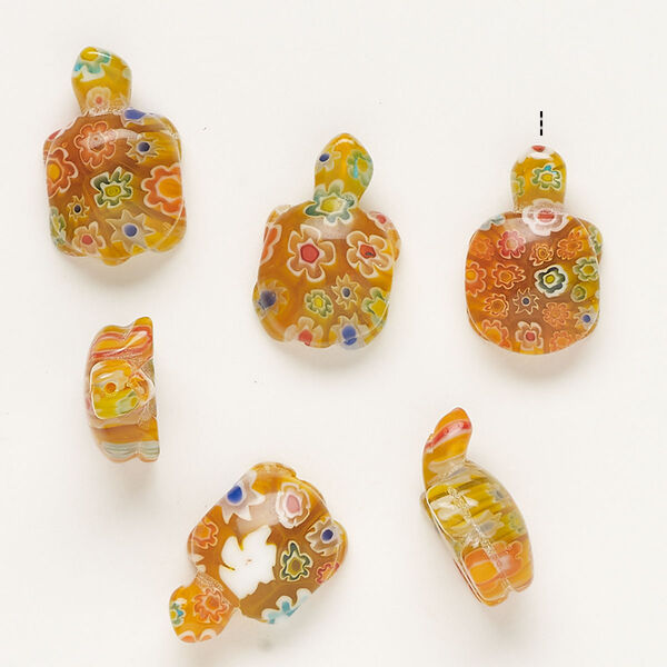 Bead, millefiori glass, translucent orange and multicolored, 21x13mm-24x15mm half-drilled turtle. Sold per pkg of 6. image number 0