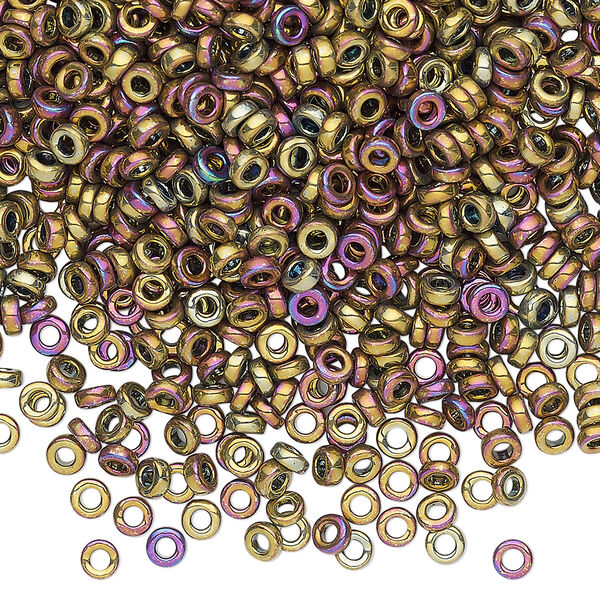 Seed bead, Miyuki, glass, pkg/250g, 3x1.3mm spacer rondelle, opaque iris purple and gold, (SPR3-188). image number 0