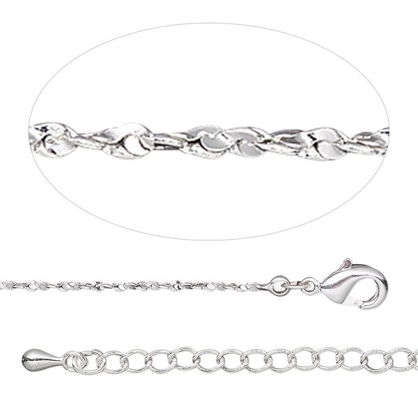 Chain, silver-plated brass, 1.2mm twisted serpentine, 18 inches with 2-inch extender chain and lobster claw clasp. Sold individually. image number 0