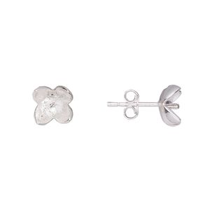 Earstud 1pkg2 sterling silver, 10x8mm lotus / 2mm peg / 6-8mm half-drilled round glue-in setting / earnuts, 1 pair