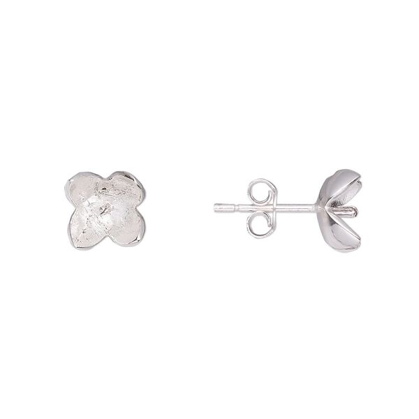 Earstud 1pkg2 sterling silver, 10x8mm lotus / 2mm peg / 6-8mm half-drilled round glue-in setting / earnuts, 1 pair image number 0