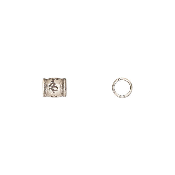 Bead, Hill Tribes, antiqued sterling silver, 6x5mm round tube with leaf design. Sold per pkg of 2. image number 0
