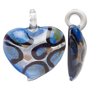Focal, lampworked glass, multicolored, 32x31mm-35x33mm domed heart with copper-colored glitter and silver-colored foil. Sold individually.
