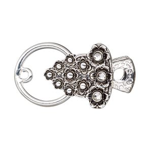 Clasp, alligator clip, glass rhinestone with antique silver-finished steel and "pewter" (zinc-based alloy), clear, 20x19mm bell with flower design. Sold individually.