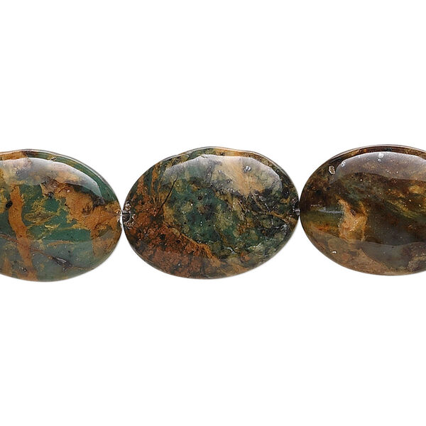 Bead, green "opal" (chalcedony) (natural), 18x13mm flat oval, B grade, Mohs hardness 5 to 6-1/2.. Sold per 15-1/2" to 16" strand. image number 0