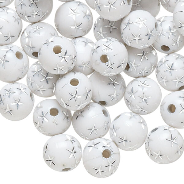Bead, acrylic, white and silver, 8mm round with stars. Sold per pkg of 100. image number 0
