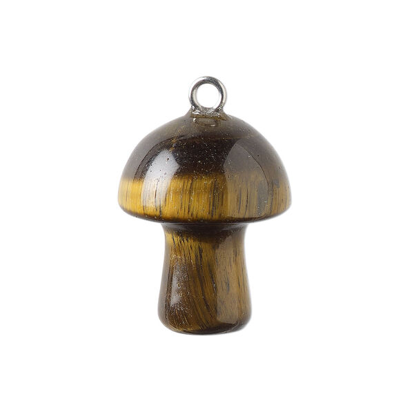 Drop, tigereye (natural) and imitation rhodium-plated brass, 20x15mm hand-carved 3D mushroom. Sold individually. image number 0