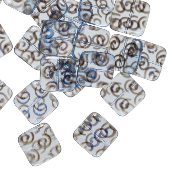 Bead, Czech pressed glass, semitransparent light blue and metallic blue black, 18x18mm flat square with swirl pattern. Sold per 15-1/2" to 16" strand. image number 0