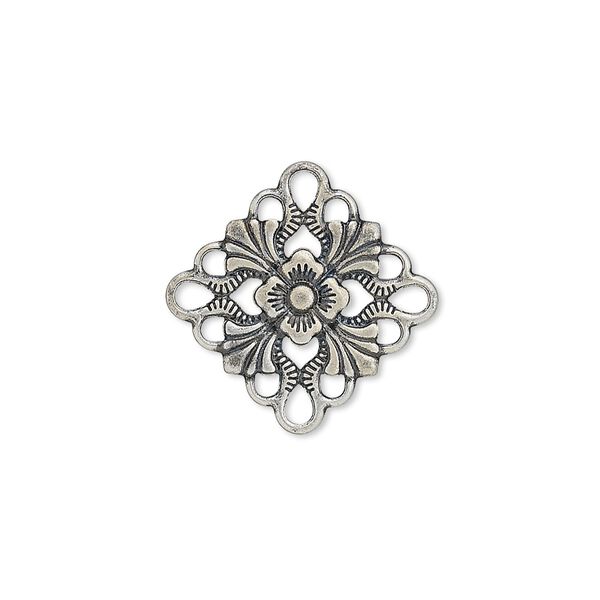 Link, antique silver-plated brass, 20mm single-sided diamond. Sold per pkg of 48. image number 0