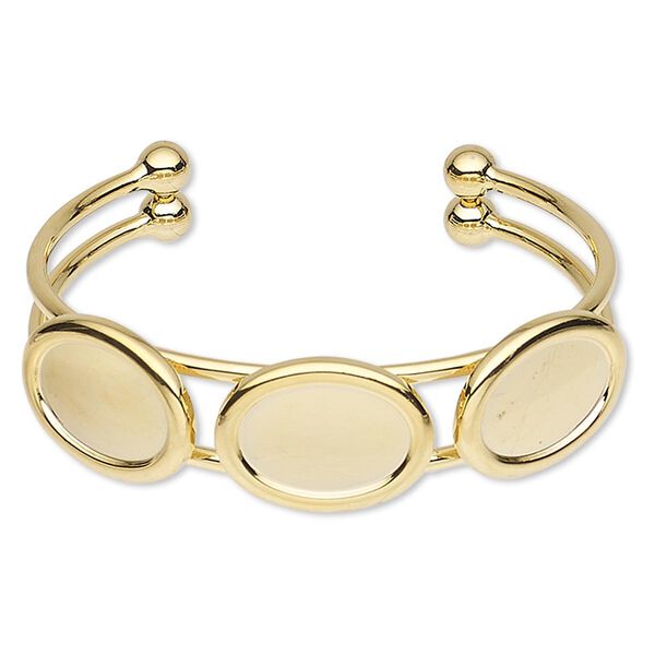 Bracelet, cuff, gold-plated brass and "pewter" (zinc-based alloy), 18mm wide with (3) 18x13mm oval settings, adjustable. Sold individually. image number 0