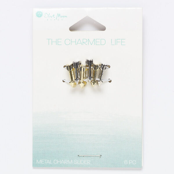 Slide mix, antique silver- and antique gold-finished "pewter" (zinc-based alloy), 13x4mm arrow with 10.5x2.5mm hole. Sold per pkg of 6. image number 0