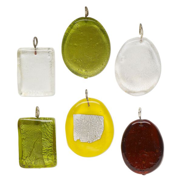 Drop mix, antique silver-finished brass and glass, opaque mixed colors, 26x20mm-32x26mm mixed shapes with silver-colored foil. Sold per pkg of 6. image number 0