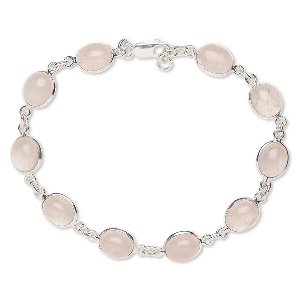 Bracelet, rose quartz (natural) and sterling silver, 10x9mm oval, 8 inches with 1/4 inch extender chain and lobster claw clasp. Sold individually. image number 0
