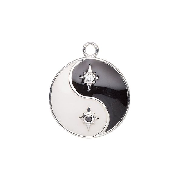 Charm, sterling silver / cubic zirconia / enamel, black / clear / white, 20mm single-sided domed round with yin-yang and star designs. Sold individually. image number 0