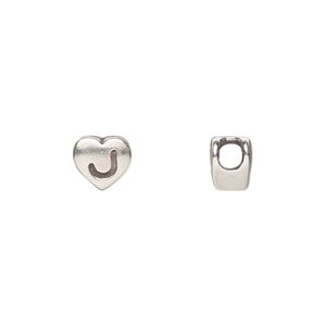 Bead, sterling silver, 7.5x7mm heart with alphabet letter "J." Sold individually.