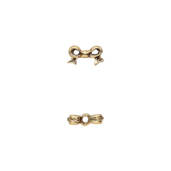 Bead, pewter (tin-based alloy), pkg/1, antique gold plate, 9x5mm double-sided bow, fits 4mm cube. image number 0