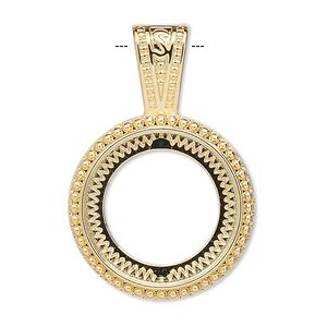 Pendant, gold-plated "pewter" (zinc-based alloy), 37x25mm round with rope design and 20mm round setting. Sold per pkg of 4.