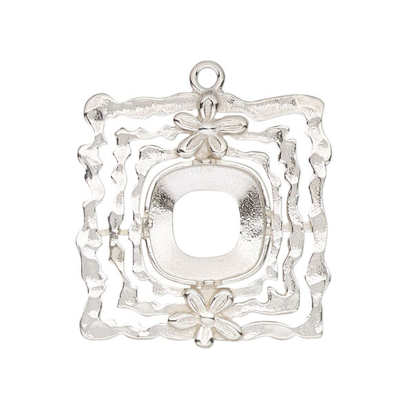 Drop, JBB Findings, sterling silver, 28x27mm single-sided uneven square with flower and 12mm 4-prong cushion setting. Sold individually. image number 0