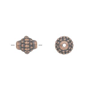 Bead, antique copper-plated "pewter" (zinc-based alloy), 10x9mm fancy tube. Sold per pkg of 20.