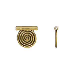 Pendant, slide, antique gold-finished "pewter" (zinc-based alloy), 13mm double-sided flat round with spiral design, 1mm inside diameter. Sold per pkg of 20.