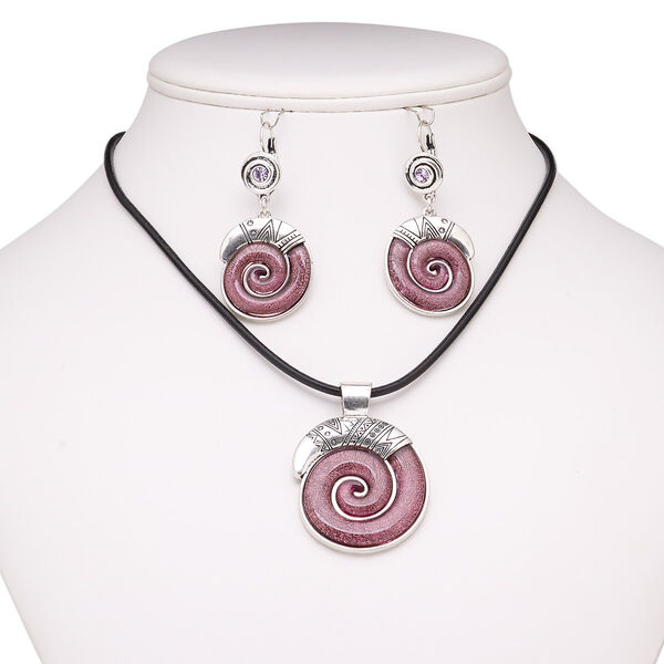 Necklace and earring set, leather (dyed) / glass rhinestone / resin / antiqued silver-finished brass / steel / "pewter" (zinc-based alloy), black / purple / lavender, 50x40mm shell, 15" to 16" necklace with 2-inch extender chain and lobster claw clasp, 55mm earrings with leverback ear wire. Sold per set. image number 0