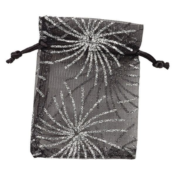Pouch, polyester and satin, black with silver-colored glitter, 4-3/4 x 3-3/4 inches with drawstring. Sold per pkg of 3. image number 0