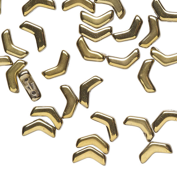 Bead, Preciosa, Czech pressed glass, opaque metallic gold, 8.5x4.5mm double-drilled chevron. Sold per pkg of 30. image number 0