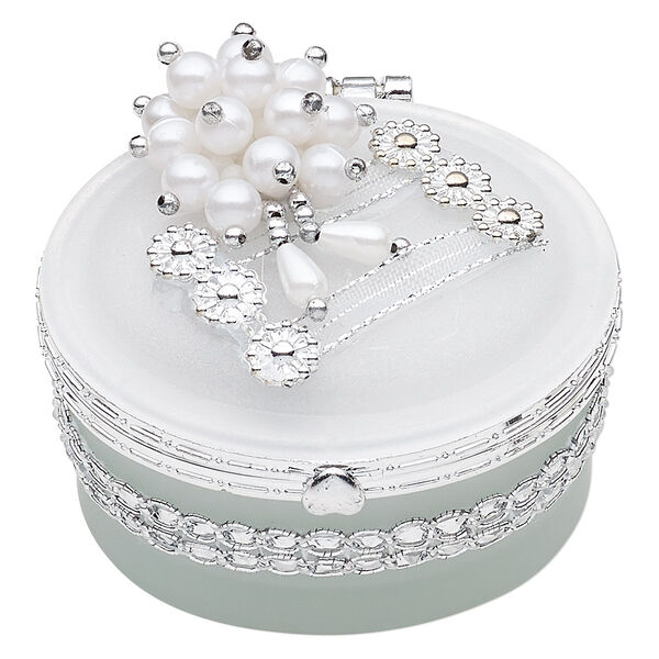 Box, acrylic / glass / silver-finished acrylic, white and frosted clear, 3 x 2-1/4 x 2-inch oval with mirror. Sold individually. image number 0
