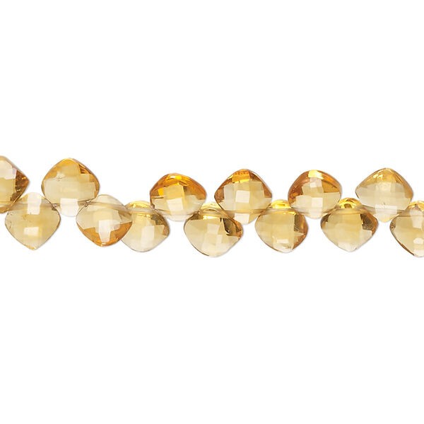 Bead, citrine (heated), 6x5mm-6mm hand-cut top-drilled checkerboard-faceted puffed diamond, B+ grade, Mohs hardness 7. Sold per 8-inch strand, approximately 55 beads. image number 0