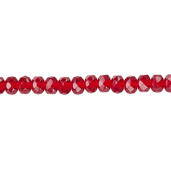 Bead, Czech fire-polished glass, ruby red, 5x4mm faceted rondelle. Sold per 15-1/2" to 16" strand. image number 0
