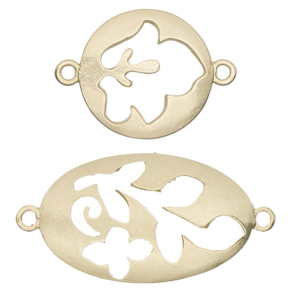 Focal and link, gold-finished "pewter" (zinc-based alloy), 20mm matte round with cutout leaf design and 33x20mm matte oval with cutout leaf and flower design. Sold per pkg of 7. image number 0
