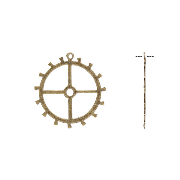 Drop, antique brass-plated brass, 19mm round gear with cutout design. Sold per pkg of 20. image number 0