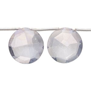Quartz crystal 1pkg9, hand-cut top-drilled faceted puffed flat round bead 15-17mm