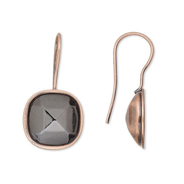 Ear wire, Almost Instant Jewelry®, antique copper-plated brass, 28x14mm fishhook with 12mm cushion glue-in setting, 20 gauge. Sold per pkg of 2 pairs. image number 0