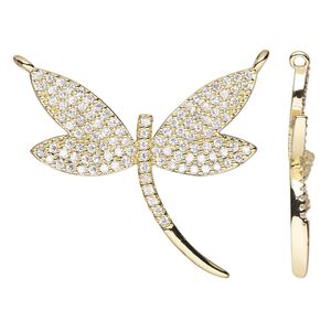 Connector, cubic zirconia and gold-finished brass, clear, 25x23.5mm single-sided dragonfly. Sold individually.