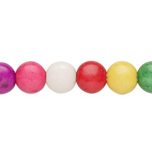Bead, "howlite" (resin) (imitation), multicolored, 9-10mm puffed flat round. Sold per 15-inch strand.