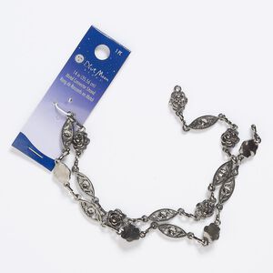 Necklace component, gunmetal-finished "pewter" (zinc-based alloy) and steel, 10mm wide with rose and marquise with cutout rose, 14 inches. Sold individually.