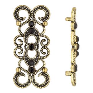 Spacer, antique gold-finished "pewter" (zinc-based alloy) and Czech glass rhinestone, black, 39x16mm 2-strand fancy rectangle. Sold per pkg of 4.
