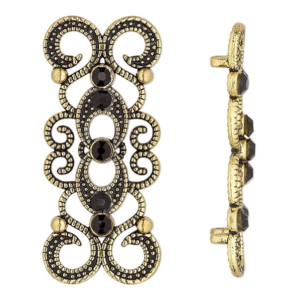 Spacer, antique gold-finished "pewter" (zinc-based alloy) and Czech glass rhinestone, black, 39x16mm 2-strand fancy rectangle. Sold per pkg of 4. image number 0