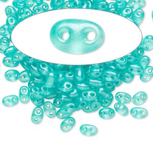Seed bead, Preciosa Twin™ Czech glass, pkg/50g, 5x2.5mm oval, translucent green terra pearl clear, (08358).