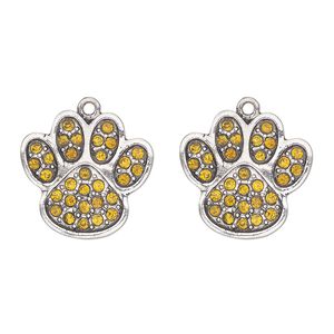 Charm, antique silver-finished "pewter" (zinc-based alloy) and glass, golden yellow, 24x23mm single-sided paw print. Sold per pkg of 2.