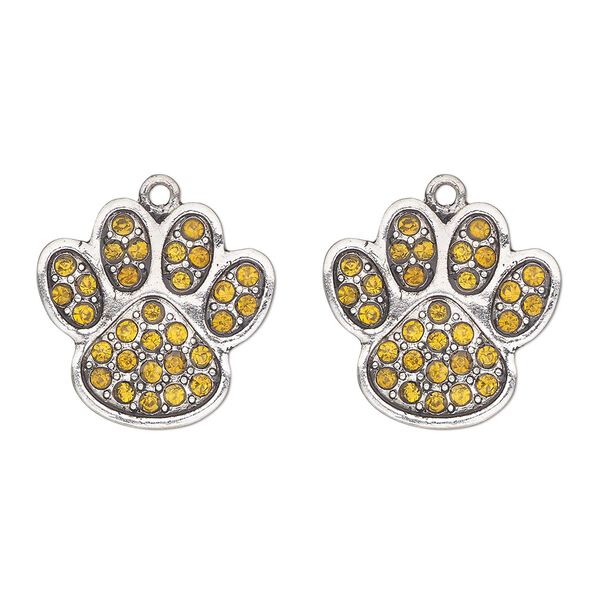 Charm, antique silver-finished "pewter" (zinc-based alloy) and glass, golden yellow, 24x23mm single-sided paw print. Sold per pkg of 2. image number 0