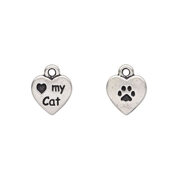 Charm, TierraCast®, antique silver-plated pewter (tin-based alloy), 10mm two-sided heart with "Love my Cat" and paw print. Sold per pkg of 20. image number 0