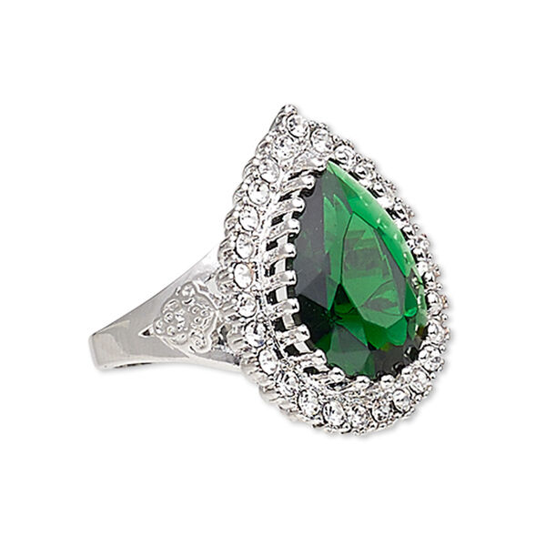 Ring, Austrian crystal / glass / silver-plated brass, emerald green and clear, 27x21mm teardrop, size 10. Sold individually. image number 0