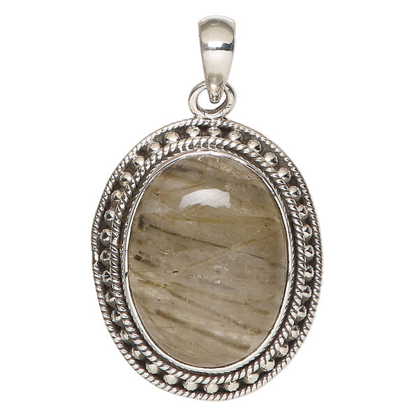 Pendant, golden rutilated quartz (natural) and sterling silver, 33x26mm beaded oval. Sold individually. image number 0