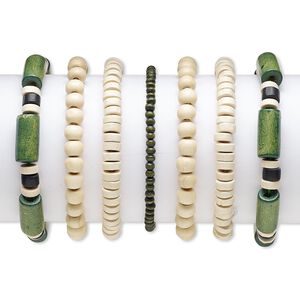 Bracelet, stretch, wood (natural) and painted wood, black and green, 4x3mm-20x9mm assorted shape, 6-1/2 inches. Sold per pkg of 7.