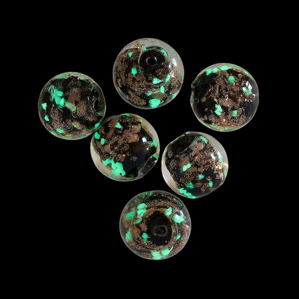 Bead, lampworked glass, clear / black / glow-in-the-dark / gold, 10mm round. Sold per pkg of 6. image number 1