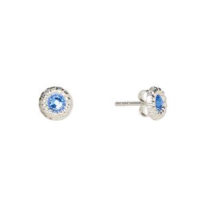 Earstud, Create Compliments®, sterling silver and crystal, blue, 7mm round with twisted rope design. Sold per pair.