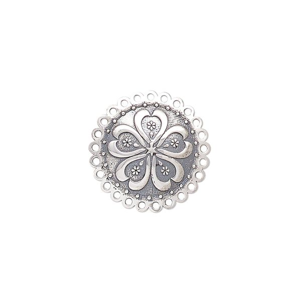 Drop, antiqued sterling silver, pkg/1, 18mm single-sided domed disc with heart and flower design. image number 0
